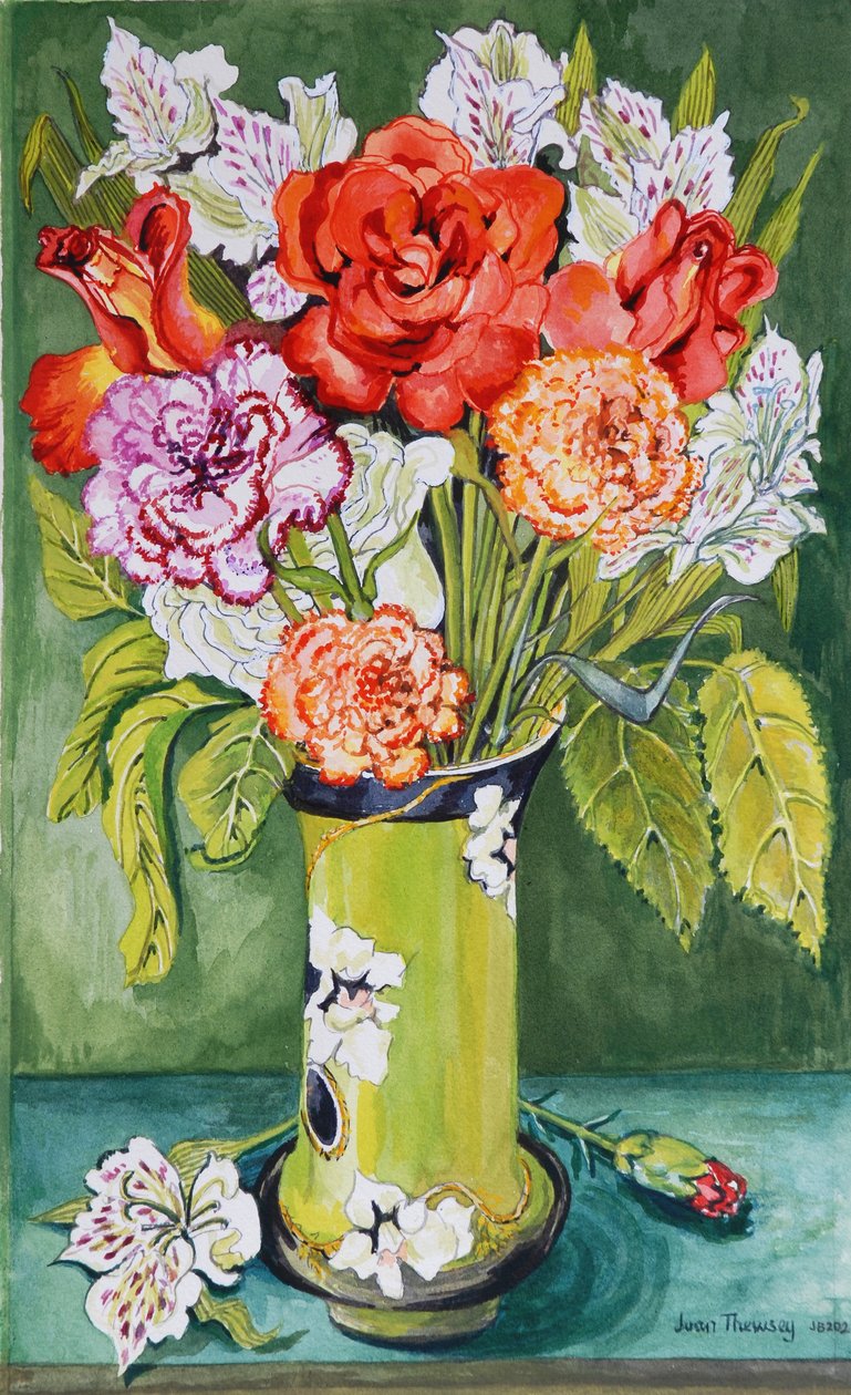 2011年のアールヌーボーの花瓶のカーネーションとアルストロメリア 作： Joan Thewsey