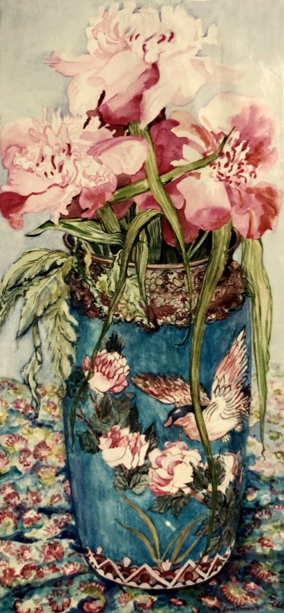 七宝焼きの花瓶の牡丹、 作： Joan Thewsey
