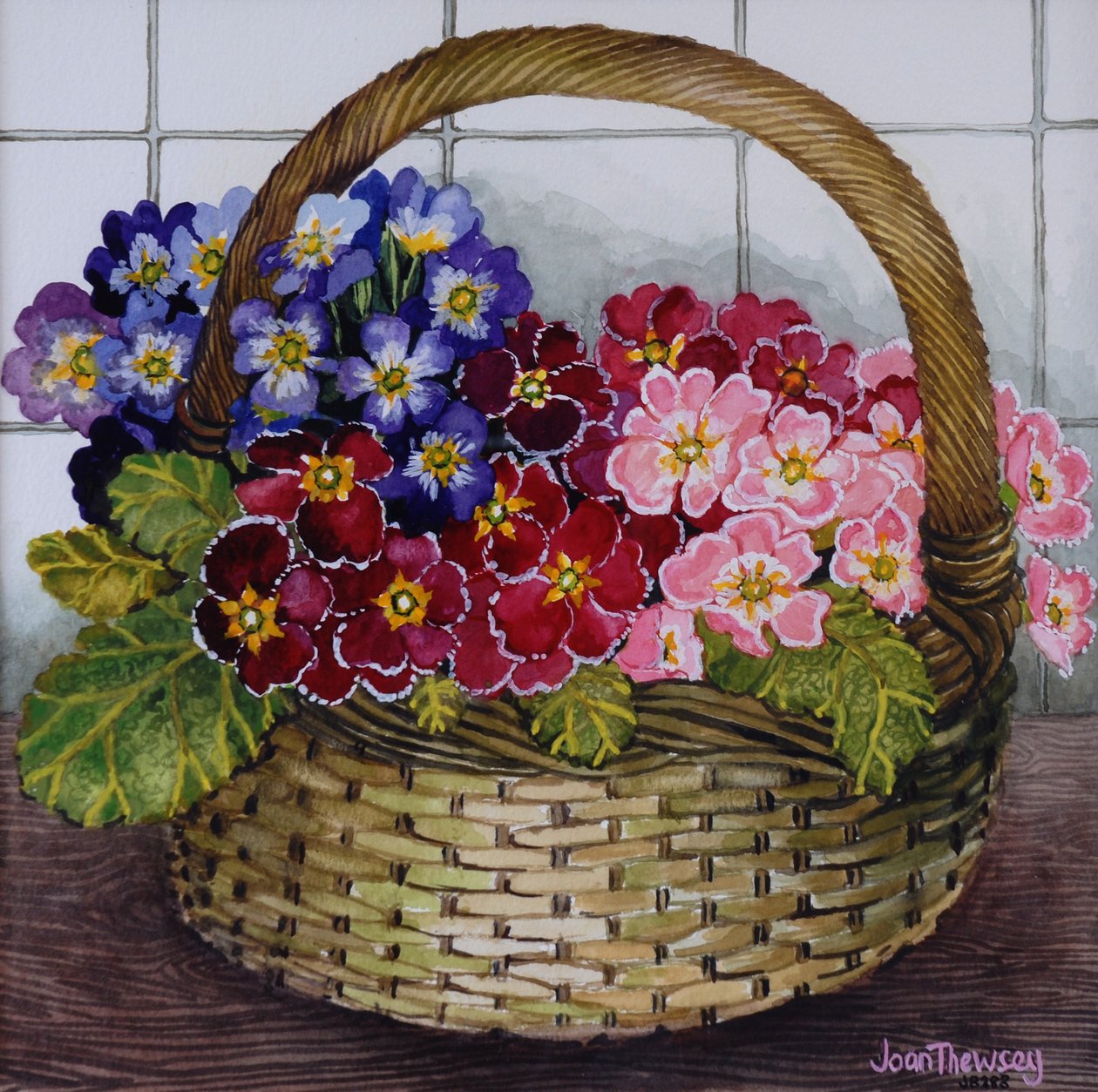 バスケット2012年の赤い藤色とピンクのサクラソウ 作： Joan Thewsey