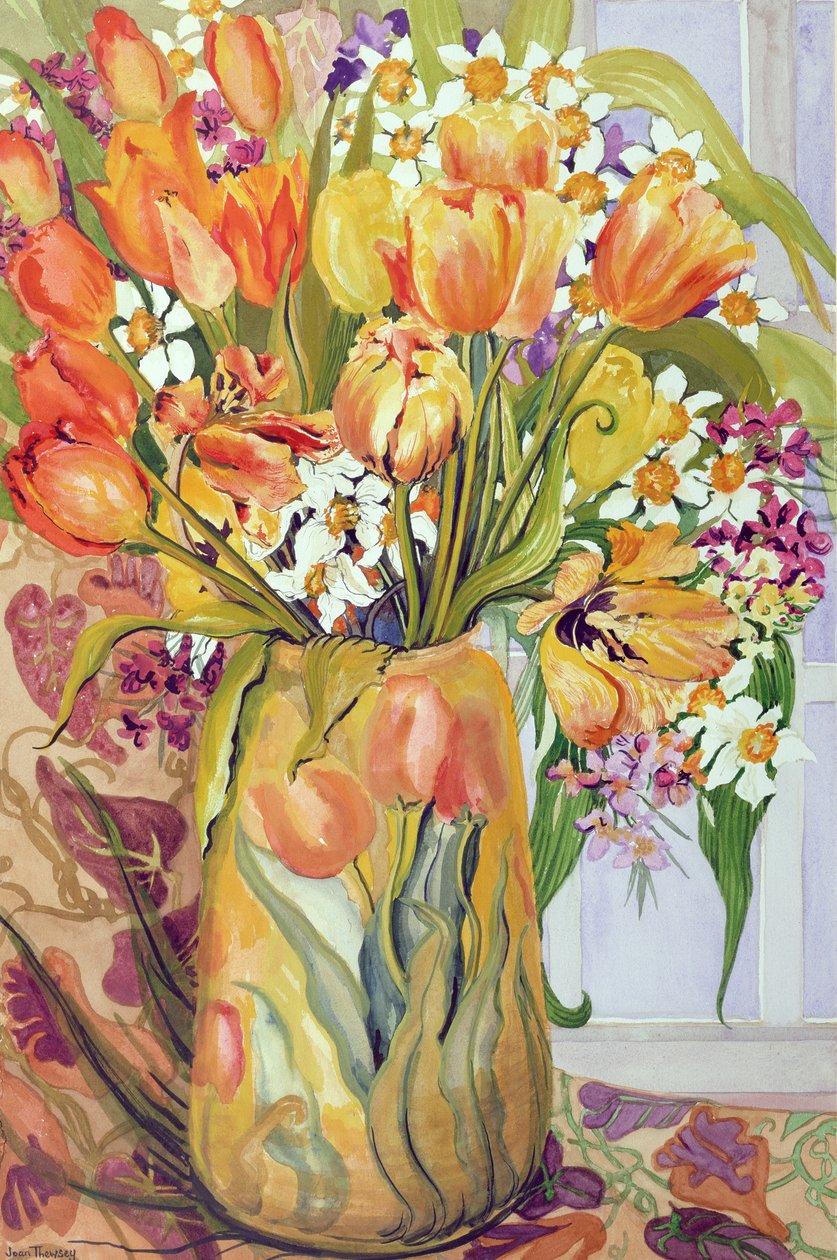 アールヌーボー様式の花瓶のチューリップとナルシス 作： Joan Thewsey