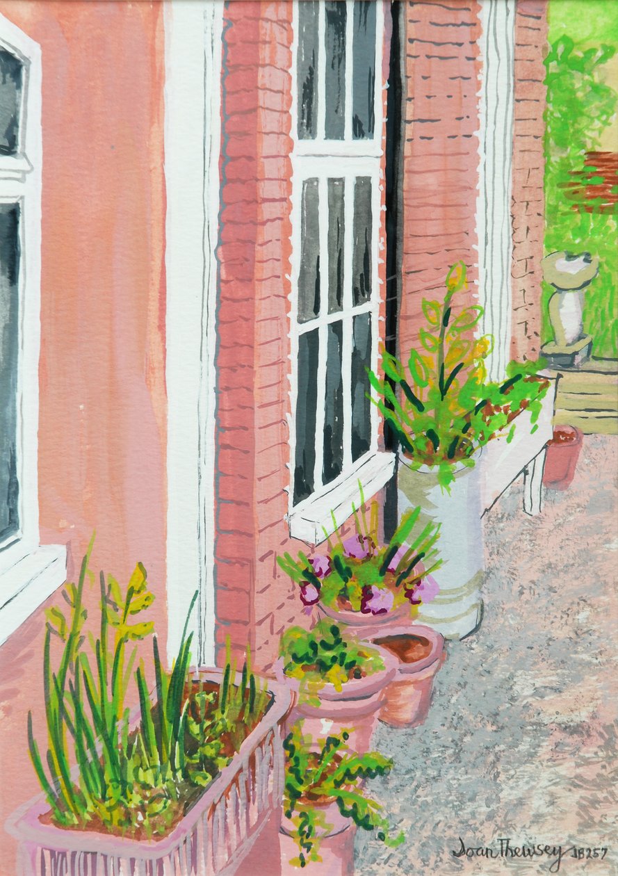 植物とコテージキッチンの窓からの眺め、2010年、ガッシュ 作： Joan Thewsey