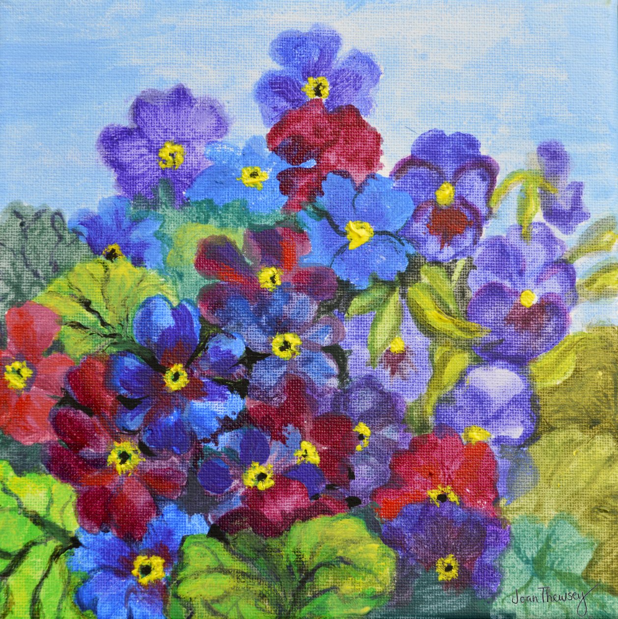 Blue Primroses、2017、（アクリル） 作： Joan Thewsey
