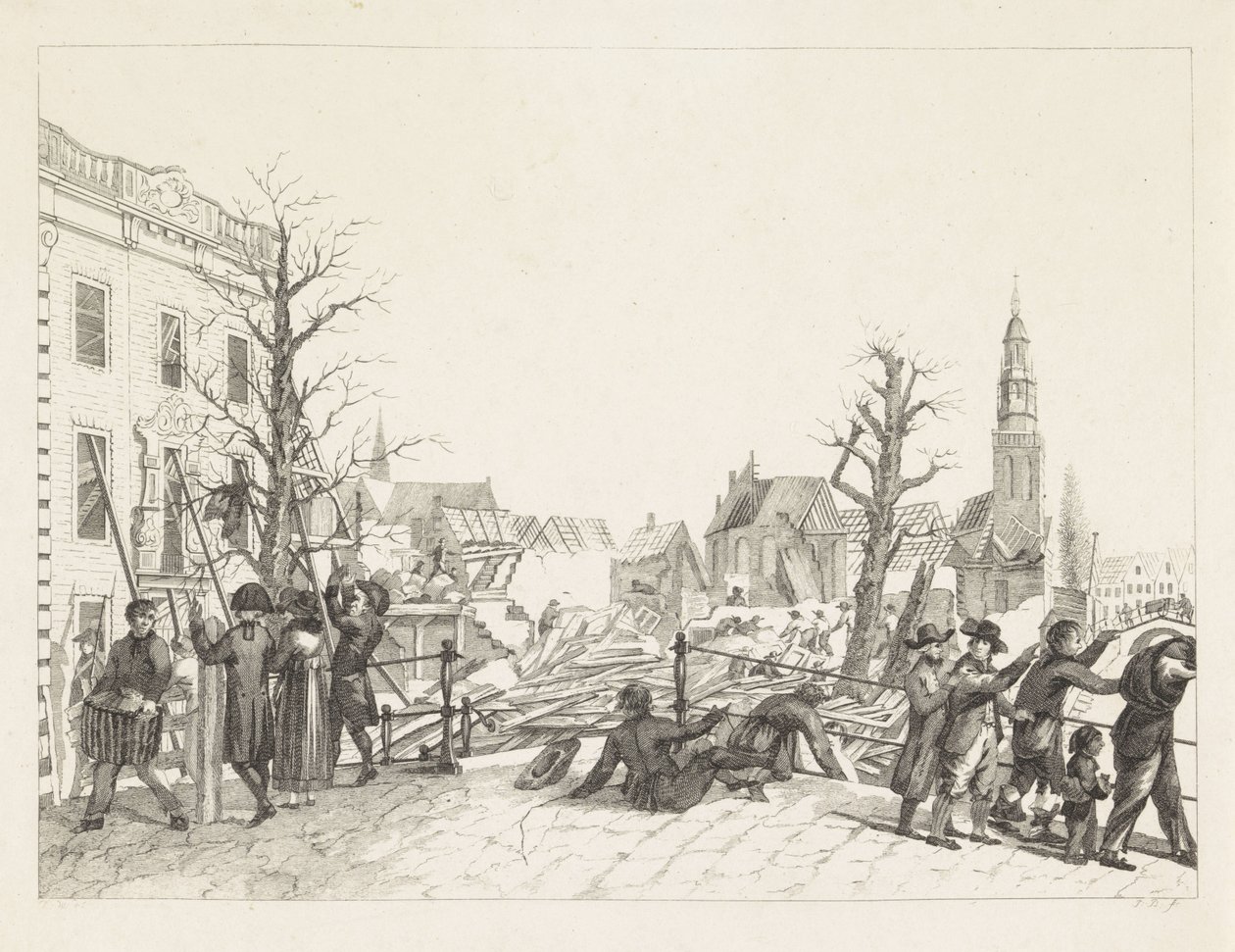 火薬災害後のライデンの廃墟、1807年 作： Joannes Bemme