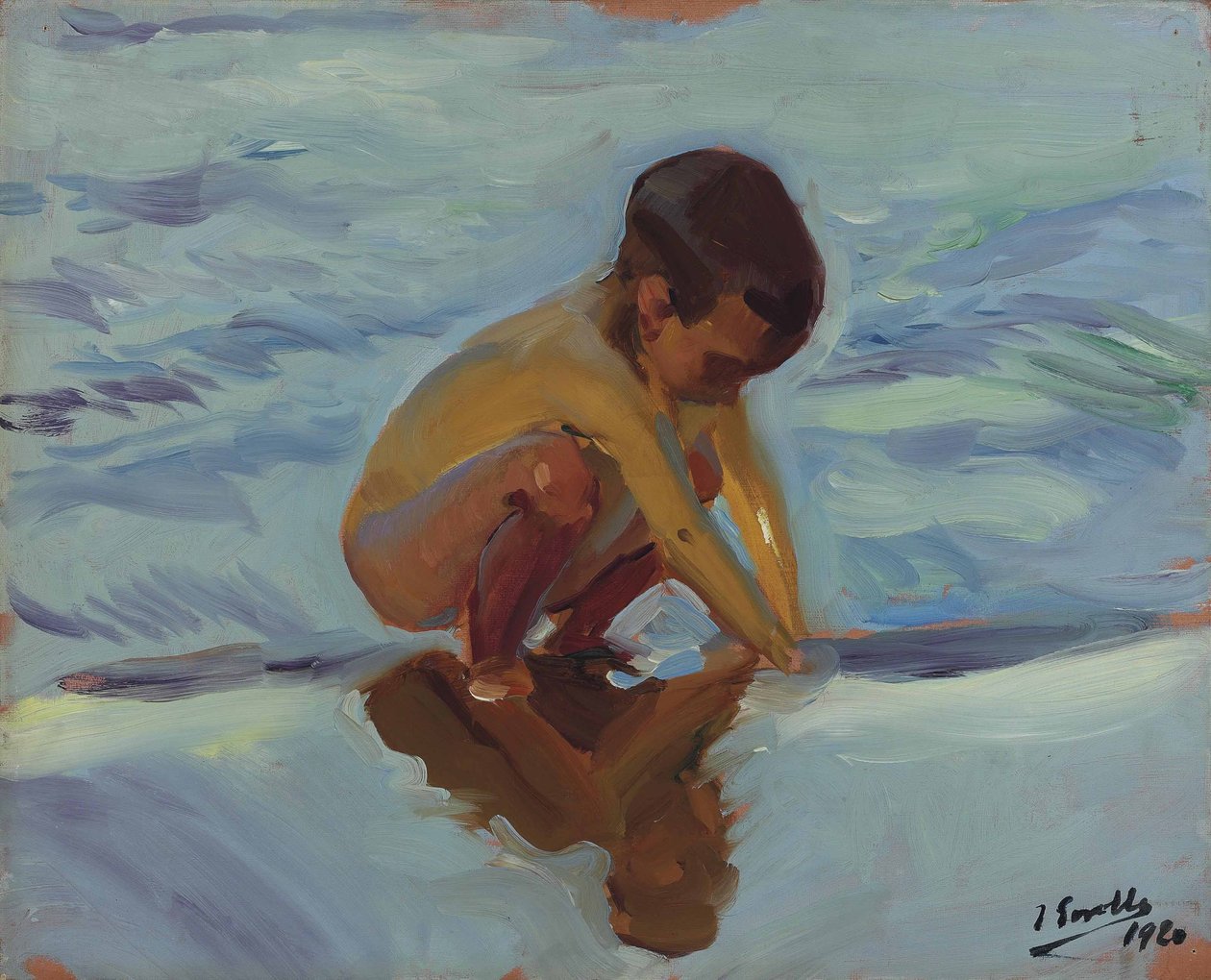 ビーチのバックライト、うずくまって子供 作： JoaquínSorolla