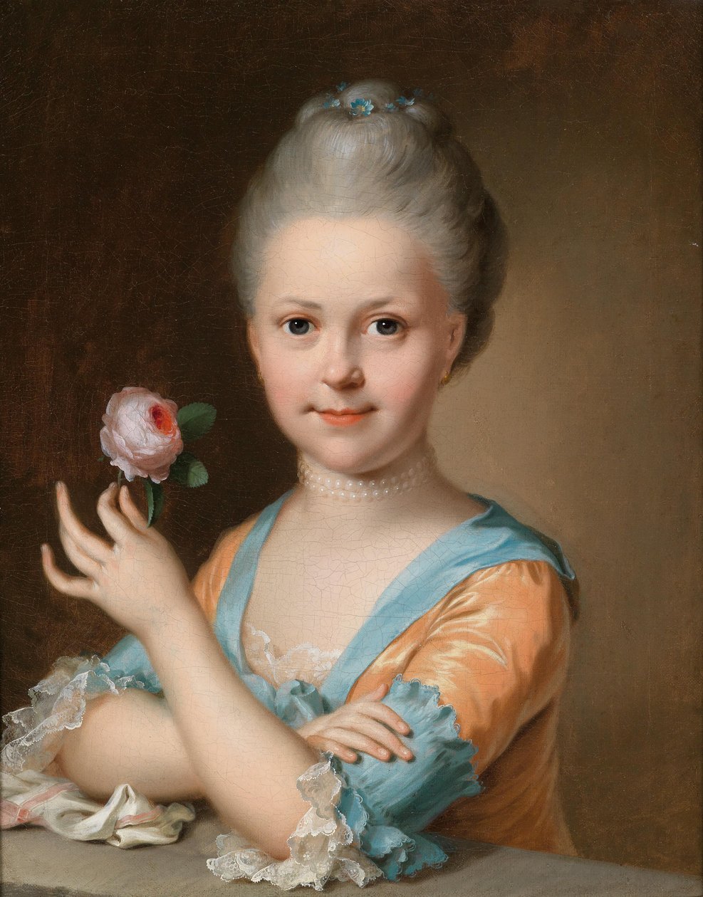 バラを持つ少女の肖像画 作： Johann Heinrich Tischbein