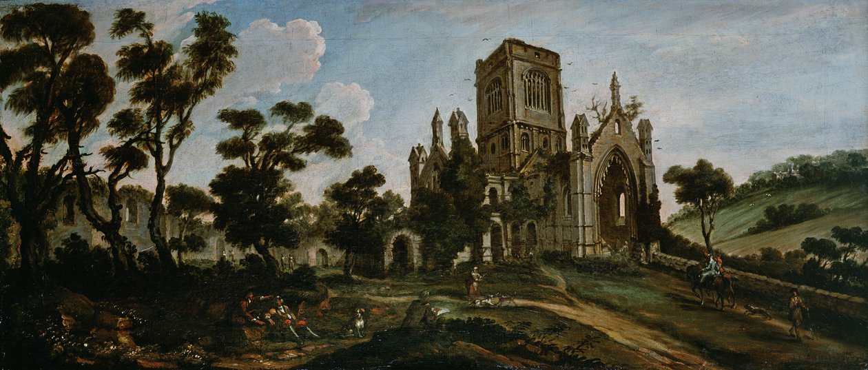カークストール修道院の南の眺め、1738年頃 作： ヨハン・バプティスト・ブッタッツ