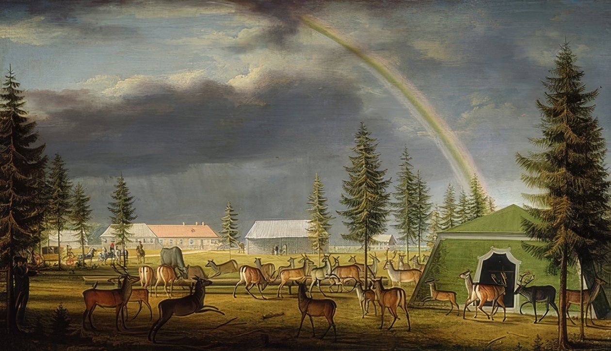 ガッチナの公園での動物ショー。 1792 作： ヨハン・ヤコブ・メッテンライター