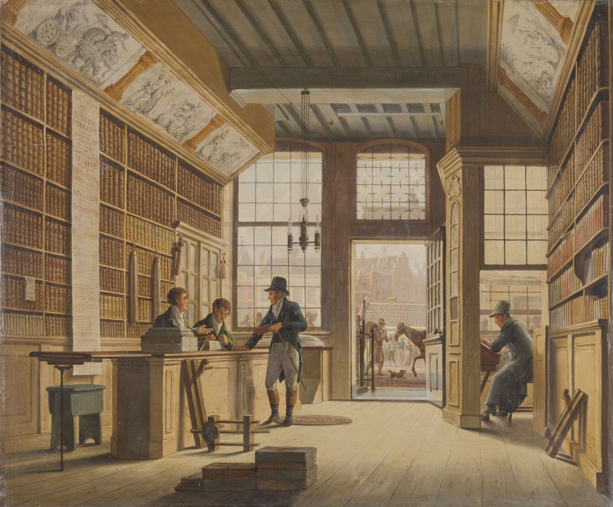 1820年にアムステルダムのファイヘンダムにある本屋の店、ピーターマイヤーワーナーズ 作： ヨハネス・ジェルガーフイス