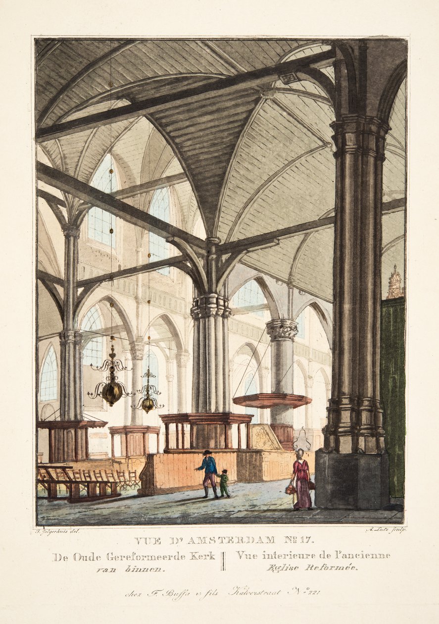 Vue d&39;Amsterdam No.17。中にある旧改革派教会。 Vue interieure de l&39;ancienne EgliseReformée、1825年（手描きの彫刻） 作： ヨハネス・ジェルガーフイス