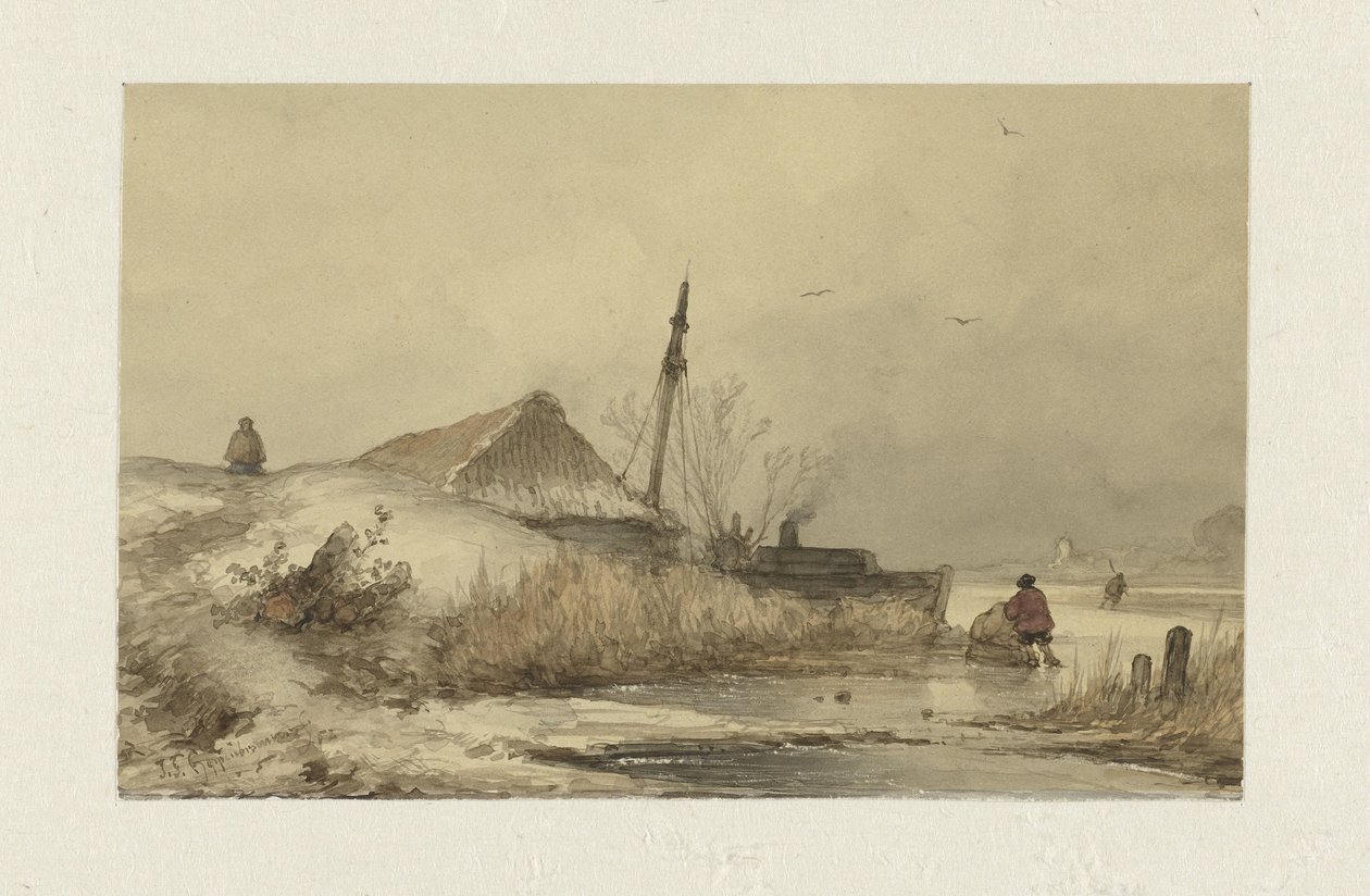 溝の隣に農場がある冬の風景 作： Johannes Franciscus Hoppenbrouwers