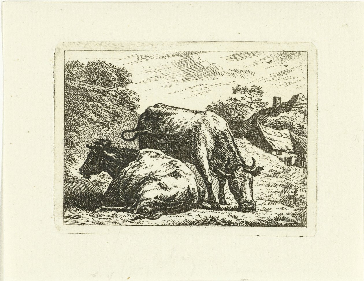 農場で道路に沿って 2 頭の牛 作： Johannes van Cuylenburgh