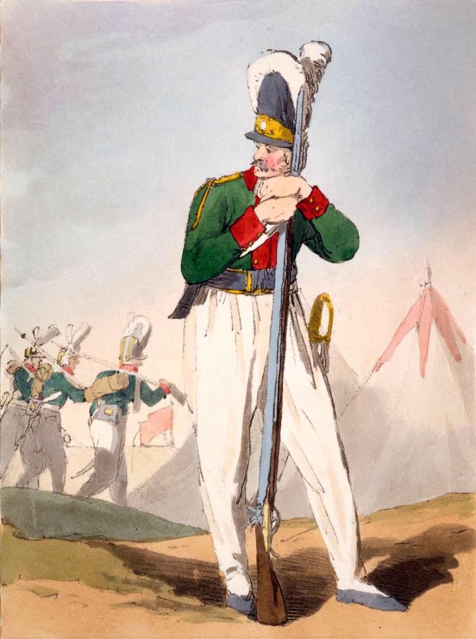 ジェームズウォーカーの「ロシア人のマナー、税関、娯楽」のイラストであるロシアの兵士が1803-4（アクアチントエッチング）を公開 作： ジョン・オーガスタス・アトキンソン