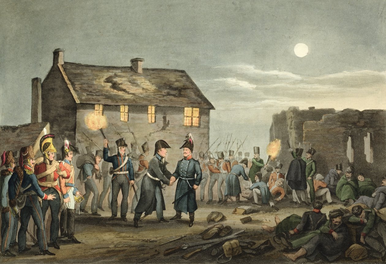 「歴史的、軍事的、海軍の逸話」、パブからマシューDubourg（fl.1813-20）によって刻まれたウォータールーの戦いの終わりに事故によるウェリントンとBlucherの会議。エドワード・オーム（1774-c.1 作： ジョン・オーガスタス・アトキンソン