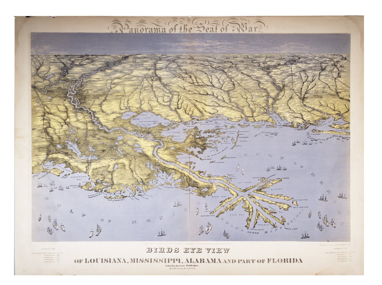 戦争の席のパノラマ：ルイジアナ、ミシシッピ、アラバマ、フロリダの一部の鳥瞰図、1861 作： ジョン・バックマン