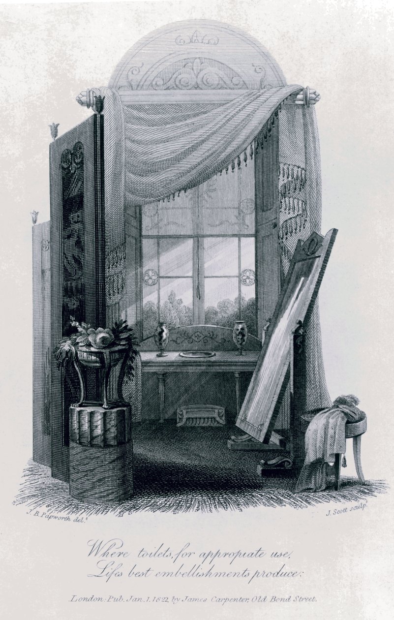 1823年のピーターコックス作「The Social Day」のJB Papworthによる「Gercian Furniture（Dressing Room）」のデザインの彫刻 作： ジョン・ブオナロッティ・パップワース