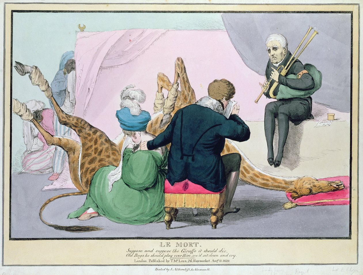 「ルモート」、ジョージIV（1762-1830）、ロンドン動物園でキリンの死を嘆く王の風刺画。J。ネザークリフトによって印刷され、パブ。マクリーン著、1829年、ロンドン、（手彩色彫刻） 作： ジョン・ドイル