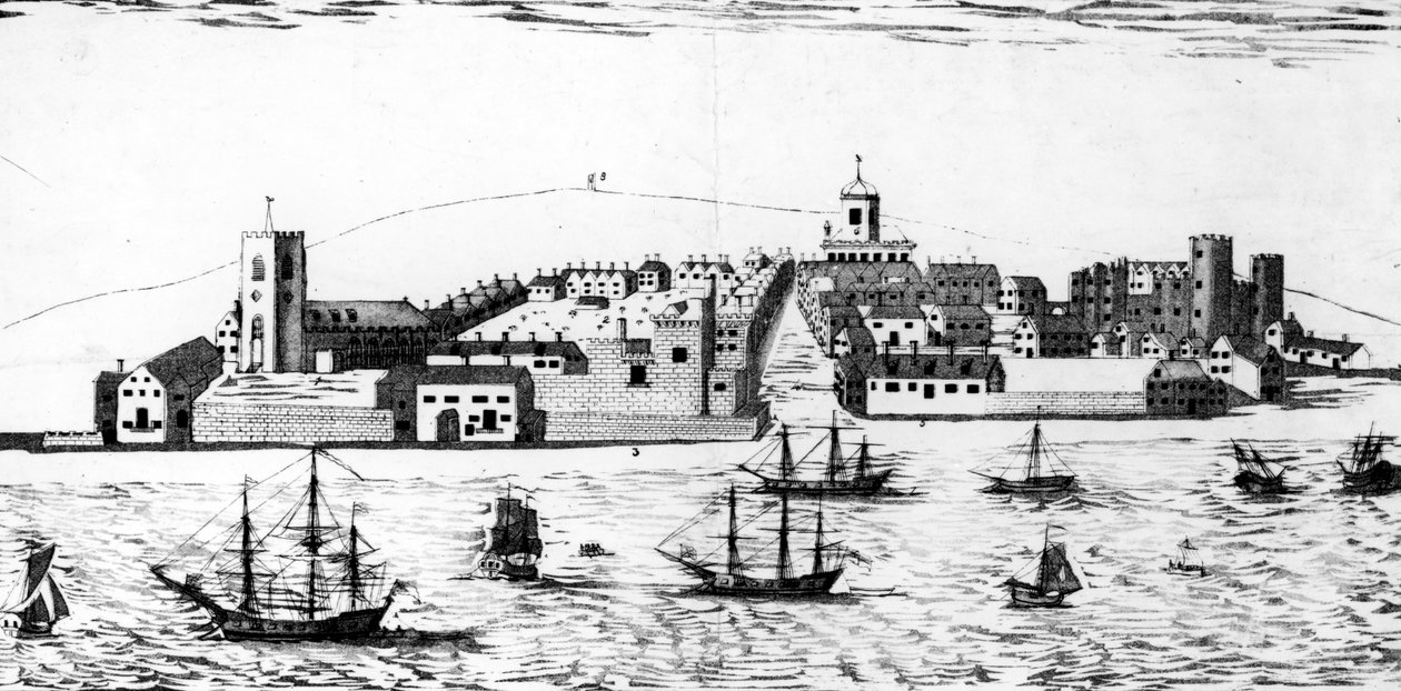 1680年頃に登場したリバプールの町の西側展望、ジョンR.アイザックによるリトグラフ 作： ジョン・アイズ・ジュニア