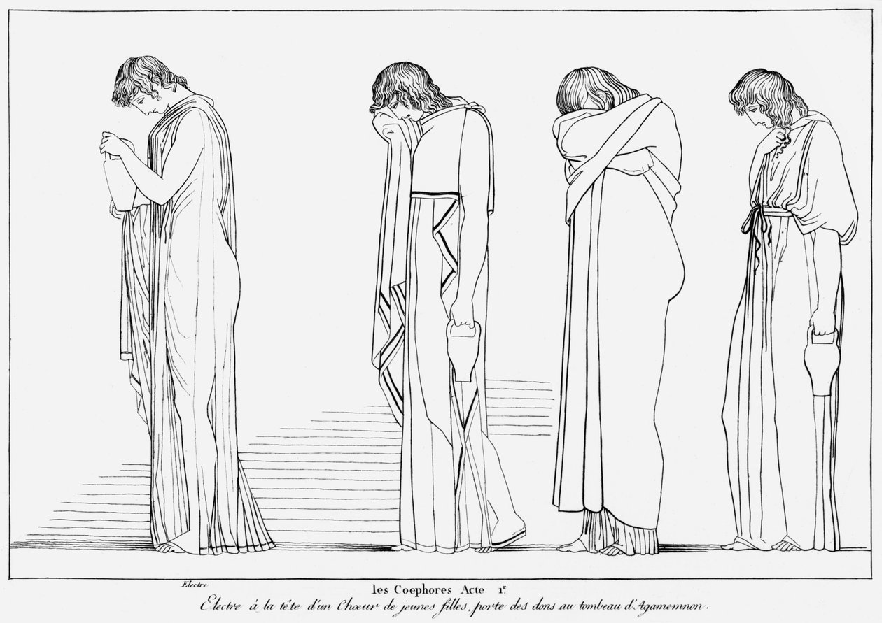 アガメムノンの墓での解放のためのエレクトラとコーラスの運搬船、Aeschylus（c.525-c.456 BC）c.1830-40による「The Choephori」のイラスト 作： ジョン・フラックスマン