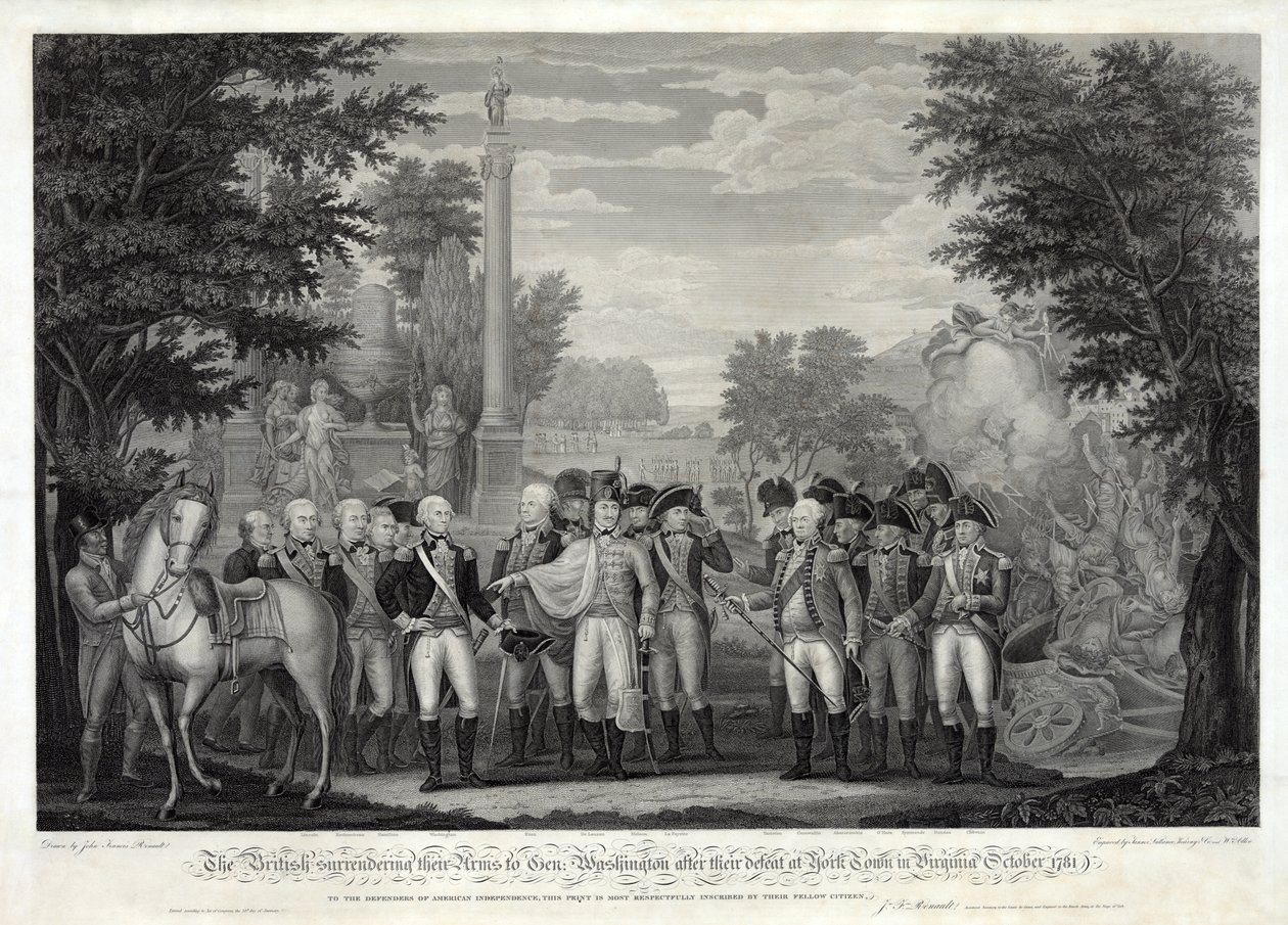 1781年10月のバージニア州ヨークタウンでの敗北後、イギリス軍はワシントン将軍に武器を降伏させました。 1819（bw彫刻） 作： ジョン・フランシス・ルノー