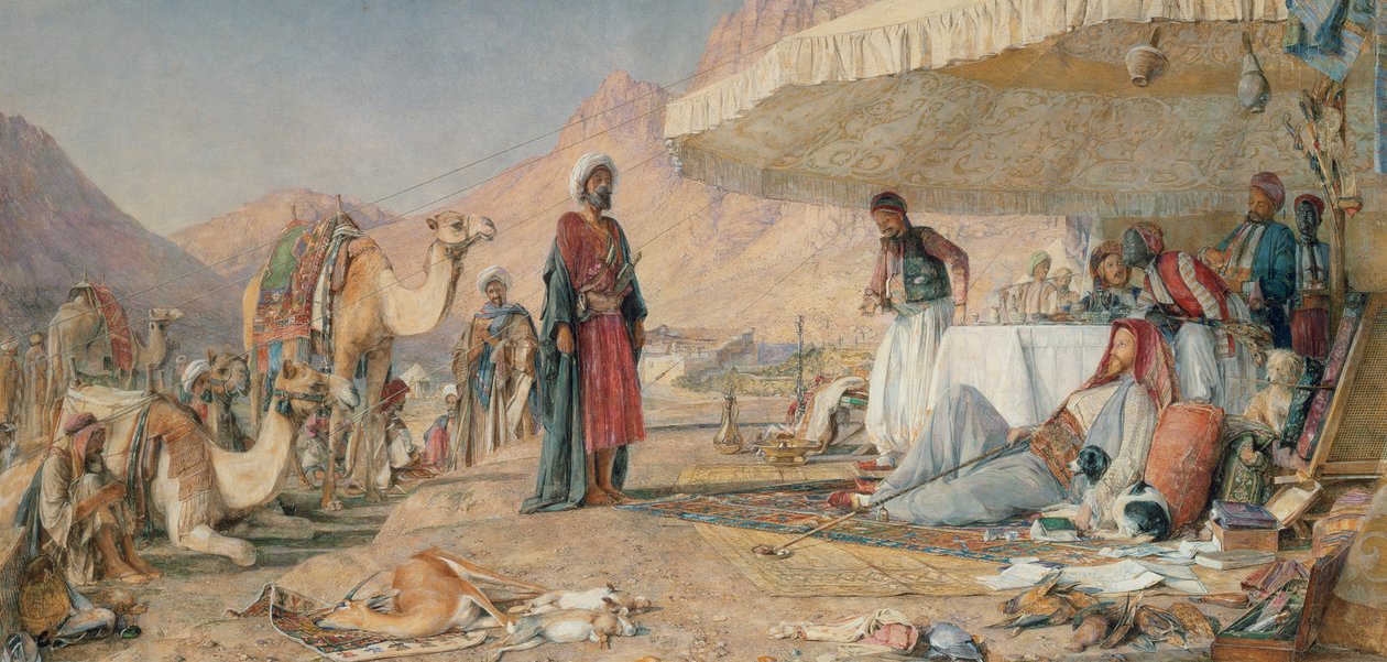 シナイ山の砂漠のフランク野営地、1842年、1856年（紙に鉛筆でトイレとガッシュ） 作： ジョン・フレデリック・ルイス