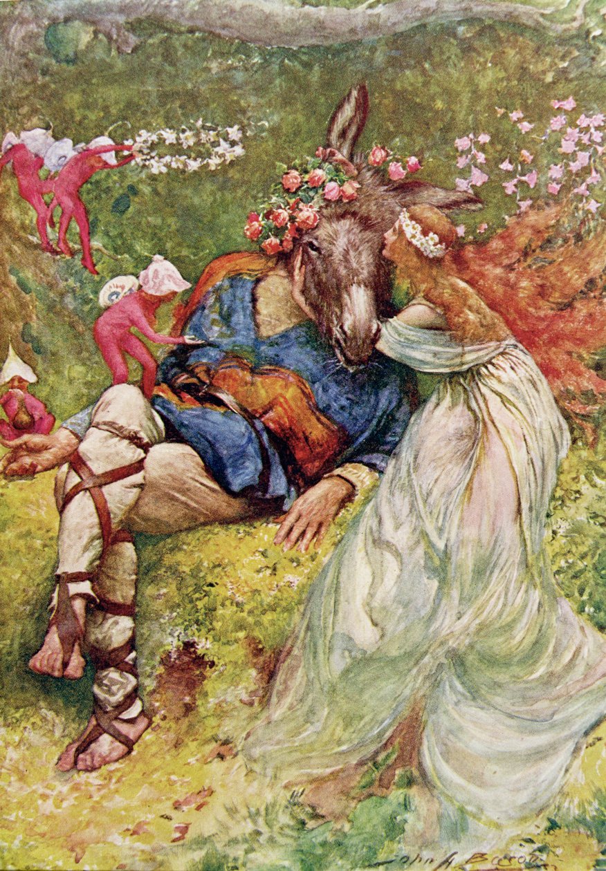 Edith Nesbit（1858-1924）pubによる「シェイクスピアの子供たちの物語」の真夏の夜の夢のチタニアとボトム。 Raphael Tuck und Sons Ltd.、ロンドン（書籍のイラスト） 作： ジョン・ヘンリー・フレデリック・ベーコン
