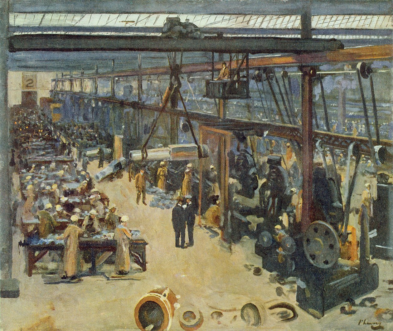 1918年の「西部戦線」の続き、フロントでのブリティッシュアーティストによるクライド造船所（ベアードモア氏と共同）のシーン 作： ジョン・レイバリー