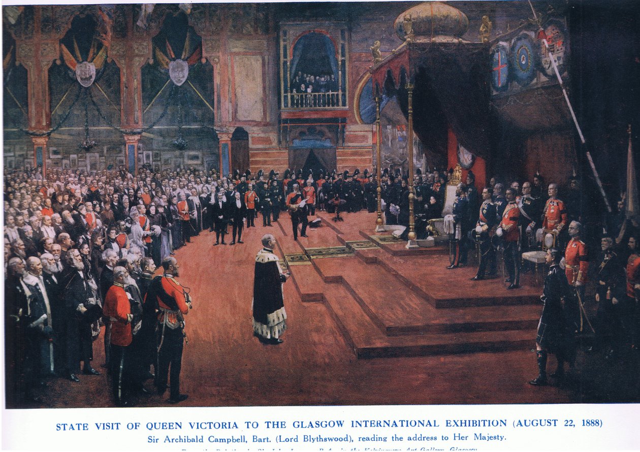 ビクトリア女王のグラスゴー国際展示会への訪問（1888年8月22日）、イギリス人のカッセルの歴史、Waverley Book Company Limited発行、1940年（カラーリソ） 作： ジョン・レイバリー