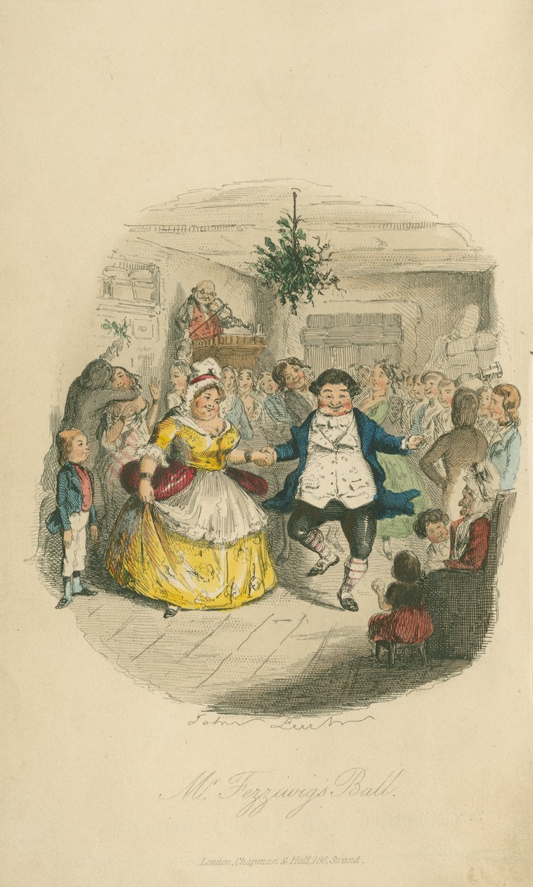 フェズウィッグのボール-クリスマスキャロル、1843年（色のエッチング） 作： ジョン・リーチ