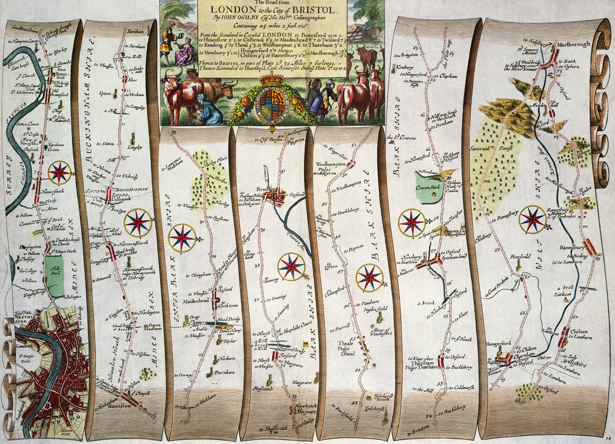 ロンドンからブリストルへの道、ジョンオギルビーの「ブリタニア」から1675年にロンドンで出版（手彩色の彫刻） 作： ジョン・オギルビー