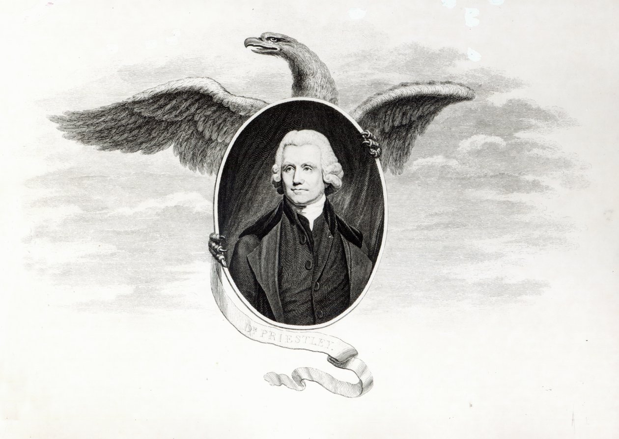 ジェームズコールドウェル（1739-1819）によって彫刻された「今日の化学哲学者」からのイラスト、プリーストリー博士 作： ジョン・オピー