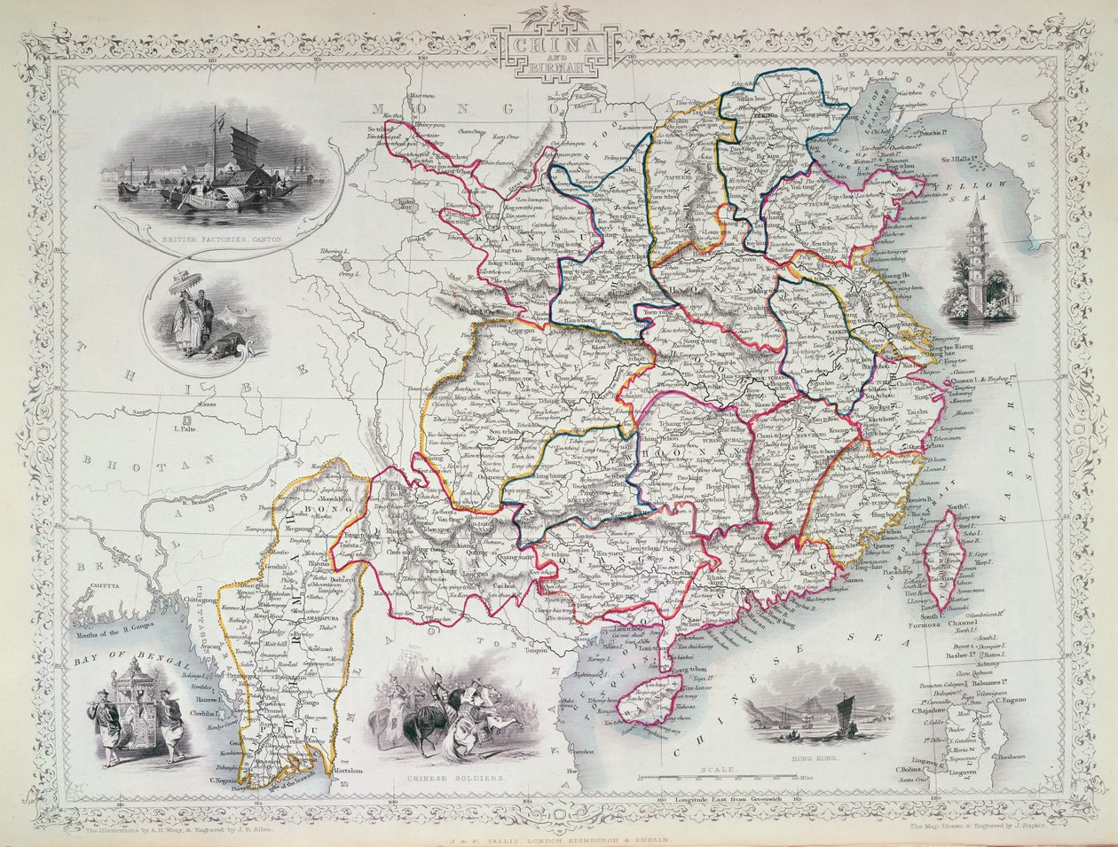 中国とバーマの地図、1851年（カラー彫刻） 作： ジョン・ラプキン