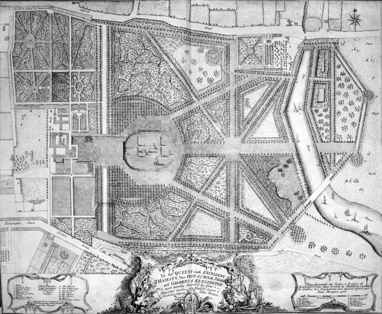 ケンジントンの王宮と庭園の地図、ロンドン、1736 作： ジョン・ロック