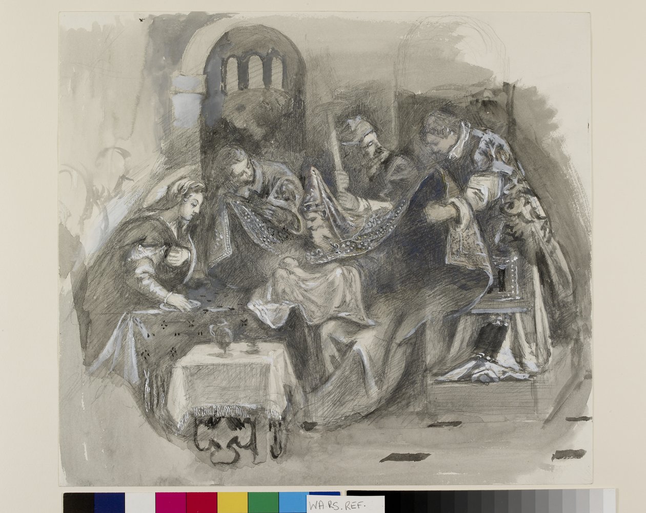 1869年8月、サンロッコのスクオラグランデでのティントレットの割礼の描画（グラファイト、水彩、ボディカラーの織り紙） 作： ジョン・ラスキン