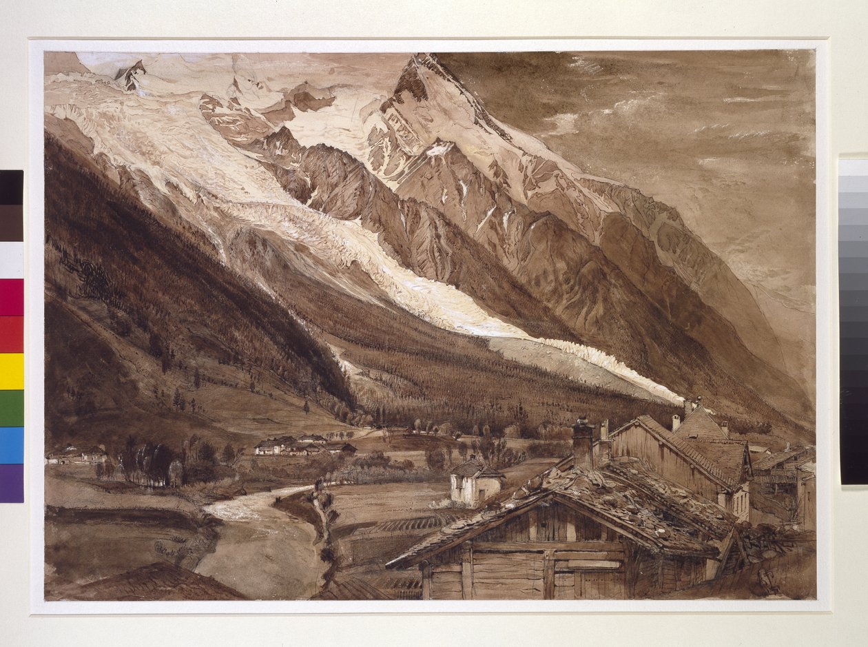 Recto：Glacier des Bossons、シャモニー、1849年6月（ペンでセピアインクで洗い、ボディカラーをグラファイトの上に紙の上に乗せて） 作： ジョン・ラスキン