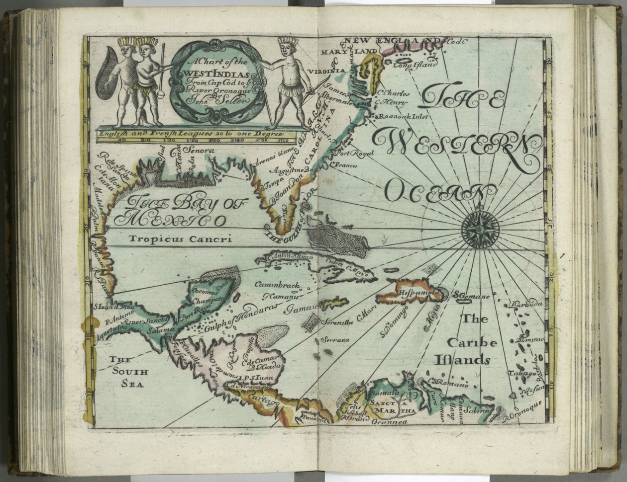 ジョン・セラー、1682年のケープコッドからアトラス・マリティムスのオロノケ川までの西インド諸島のチャート（手彩色の彫刻） 作： ジョン・セラー
