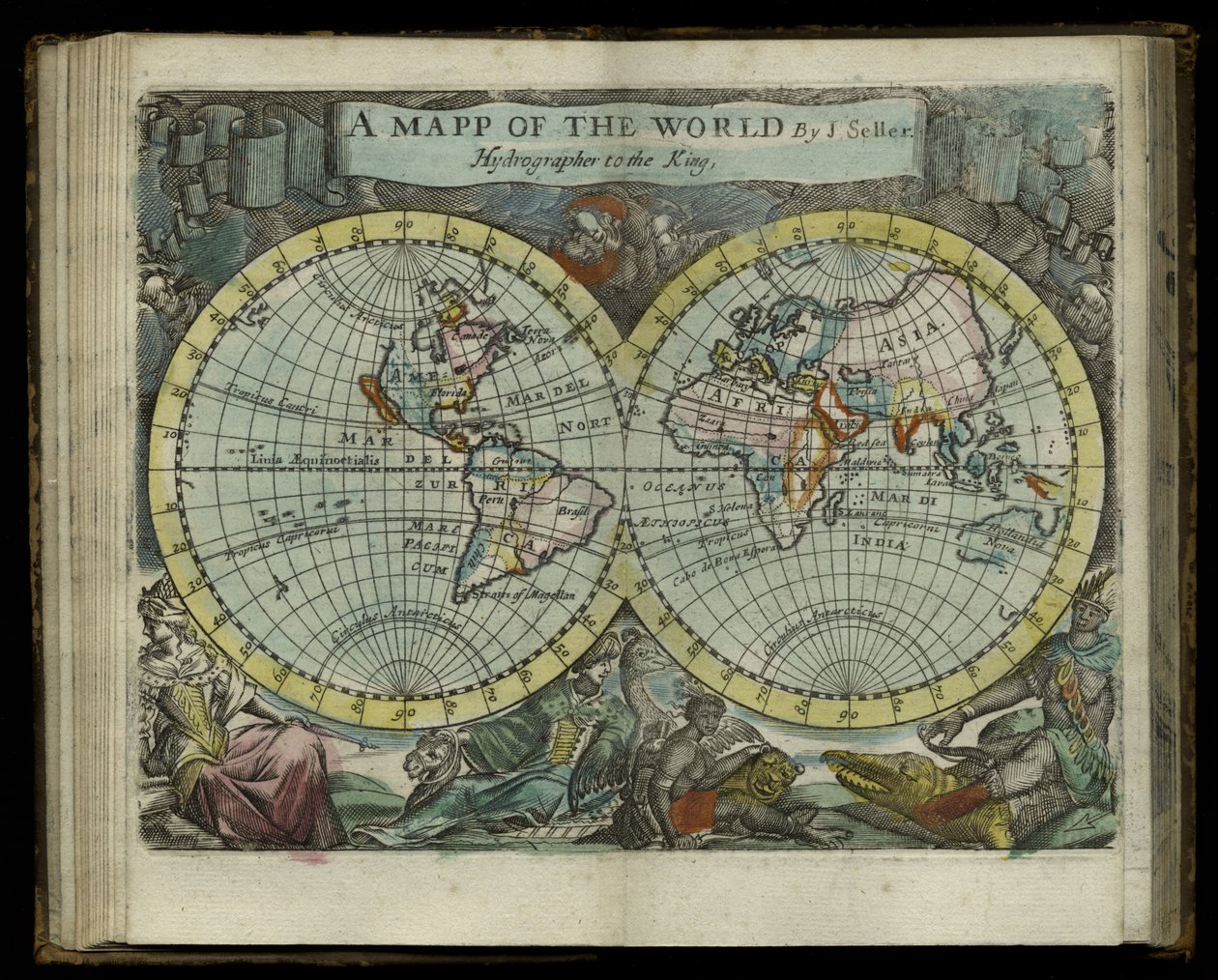 ジョン・セラー作のAtlas maritimusの世界地図、1682年（手書きの彫刻） 作： ジョン・セラー