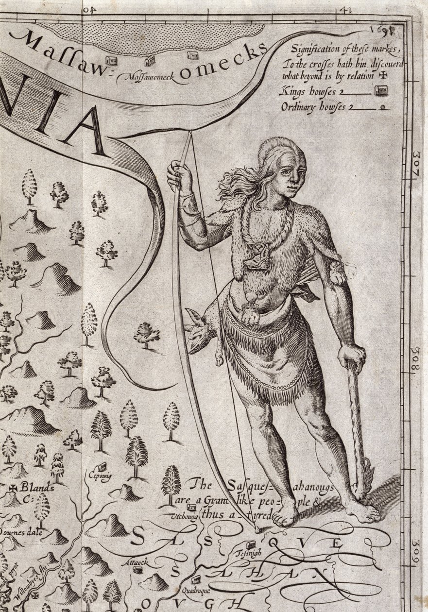 ウィリアムホール（fl。1607-24）によって彫刻されたバージニア州の地図からの詳細、サスケハノック戦士、1612年に発行（174211を参照） 作： ジョン・スミス2
