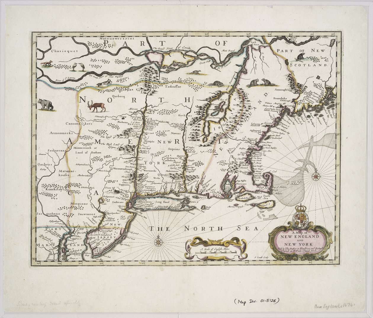 ジョンスピードのイギリス帝国劇場からのニューイングランドとニューヨークの地図、1676年（カラープリント） 作： ジョン・スピード