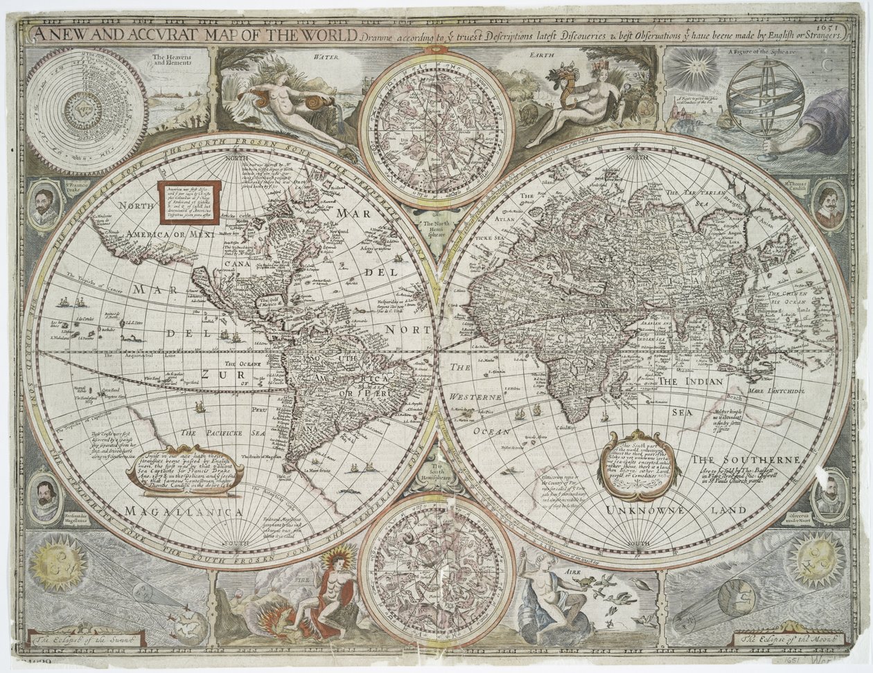新しい正確な世界地図、1676年（手描きのプリント） 作： ジョン・スピード