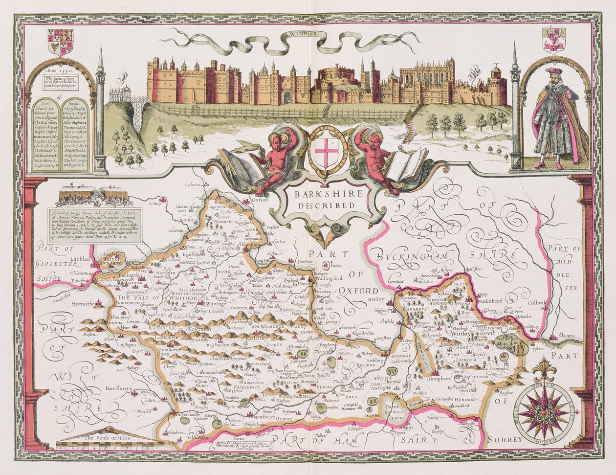 ジョンスピードの英国帝国劇場のパブからジョドカスホンディウス（1563-1612）によって刻まれたバークシャー。ジョン・サドベリーとジョージ・ハンブル、1611-12（手彩色の銅版画） 作： ジョン・スピード