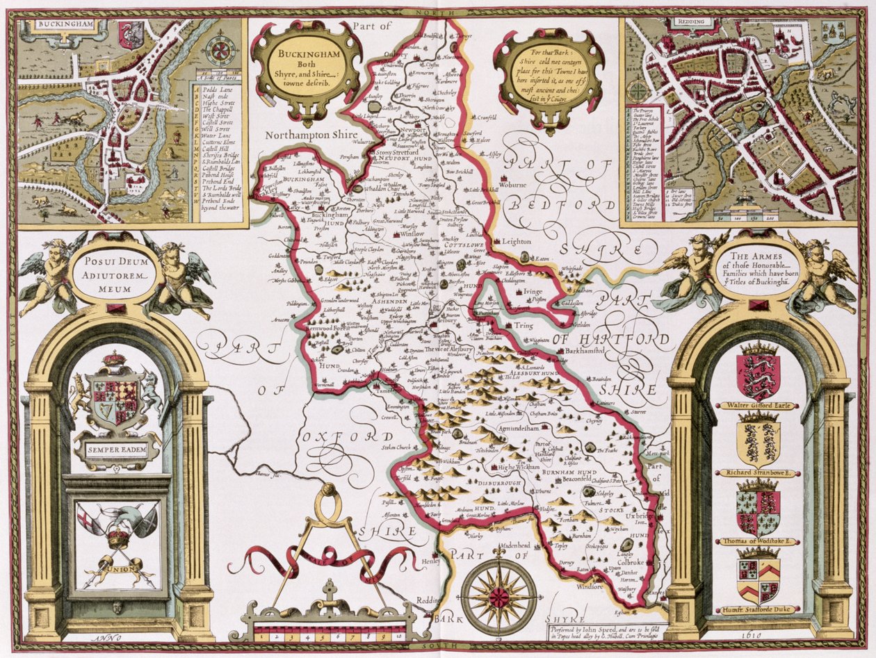 ジョンスピードの「英国帝国劇場」のパブからジョドカスホンディウス（1563-1612）によって刻まれたバッキンガムシャー。ジョン・サドベリーとジョージ・ハンブル、1611-12（手彩色の銅版画） 作： ジョン・スピード