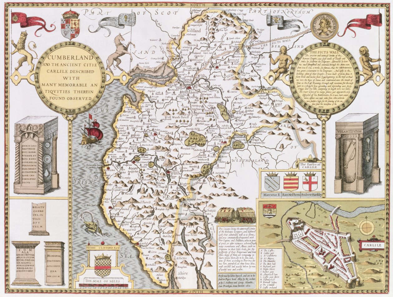 ジョンスピードの「英国帝国劇場」のパブからジョドカスホンディウス（1563-1612）によって彫刻されたカンバーランドとカーライルの古代都市。ジョン・サドベリーとジョージ・ハンブル、1611-12（hand co 作： ジョン・スピード