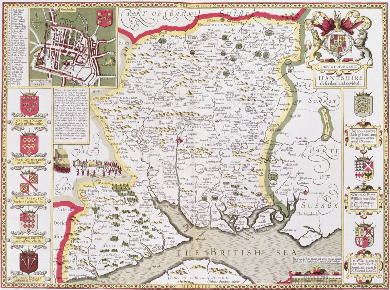 ジョンスピードの「英国帝国劇場」のパブからジョドカスホンディウス（1563-1612）によって刻まれたハントシャー。ジョン・サドベリーとジョージ・ハンブル、1611-12（手彩色の銅版画） 作： ジョン・スピード
