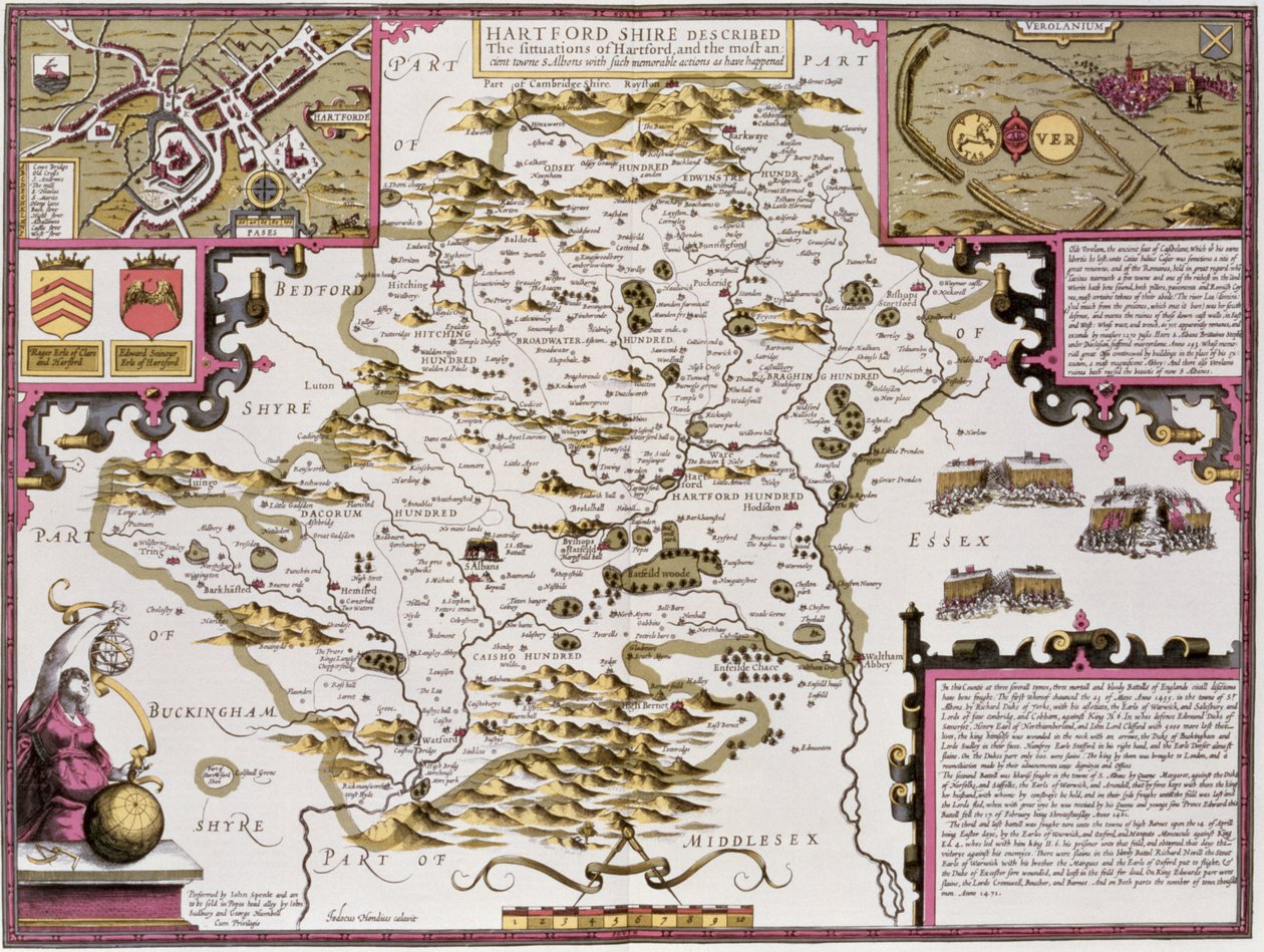 ジョンスピードの「英国帝国劇場」のパブからジョドカスホンディウス（1563-1612）によって彫刻されたハートフォードシャーとハートフォードの状況。ジョン・サドベリーとジョージ・ハンブル、1611-12（ハンドc 作： ジョン・スピード