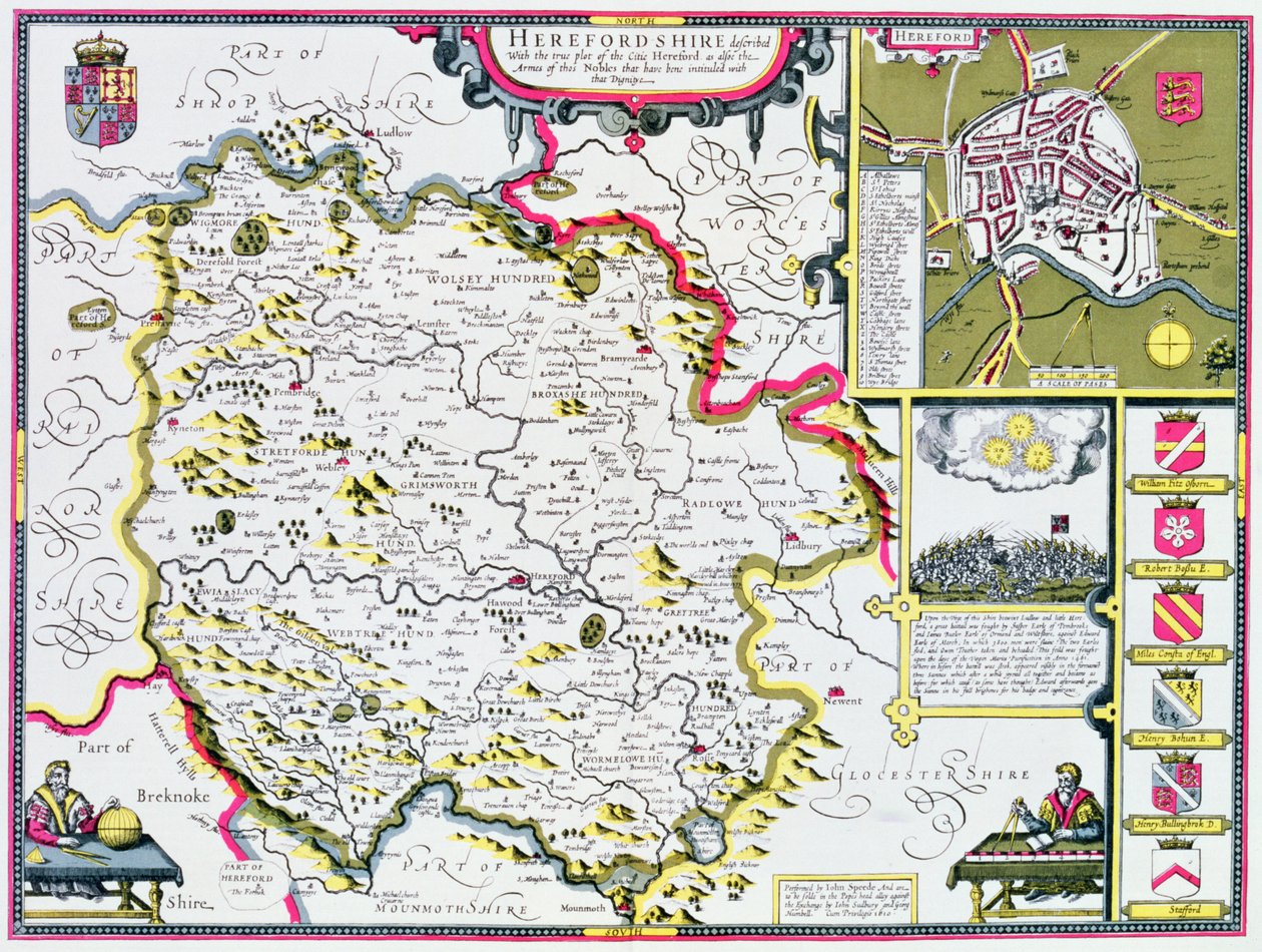 ジョンスピードの「英国帝国劇場」のパブからジョドカスホンディウス（1563-1612）によって刻まれたヘレフォードシャー。ジョン・サドベリーとジョージ・ハンブル、1611-12（手彩色の銅版画） 作： ジョン・スピード