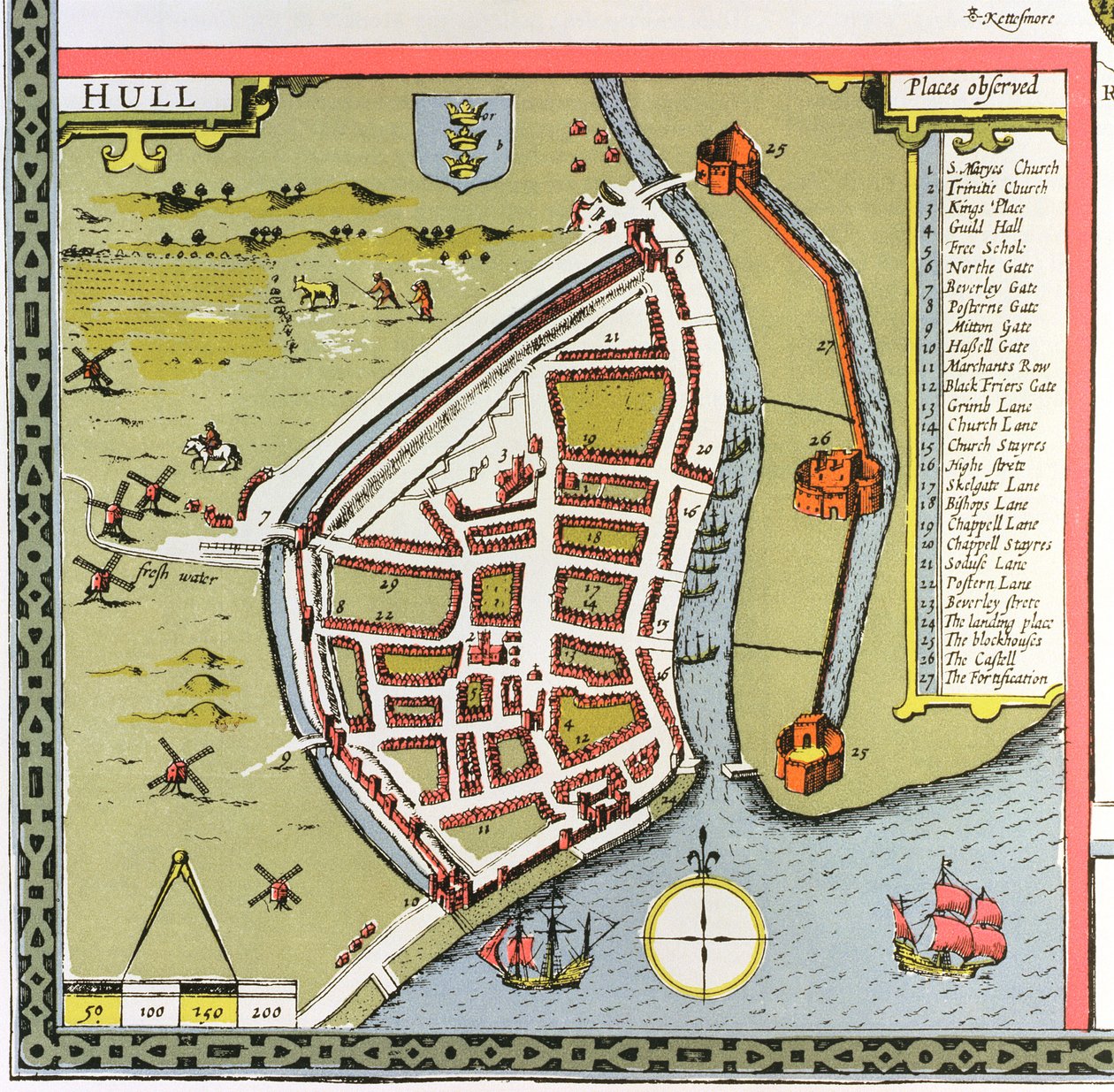 ジョンスピードの「イギリス帝国劇場」からジョドカスホンディウス（1563-1612）によって彫刻された、ヨークシャーのノースライディングとイーストライディングの地図からの詳細なハル。ジョン・サドベリーとジョージ 作： ジョン・スピード
