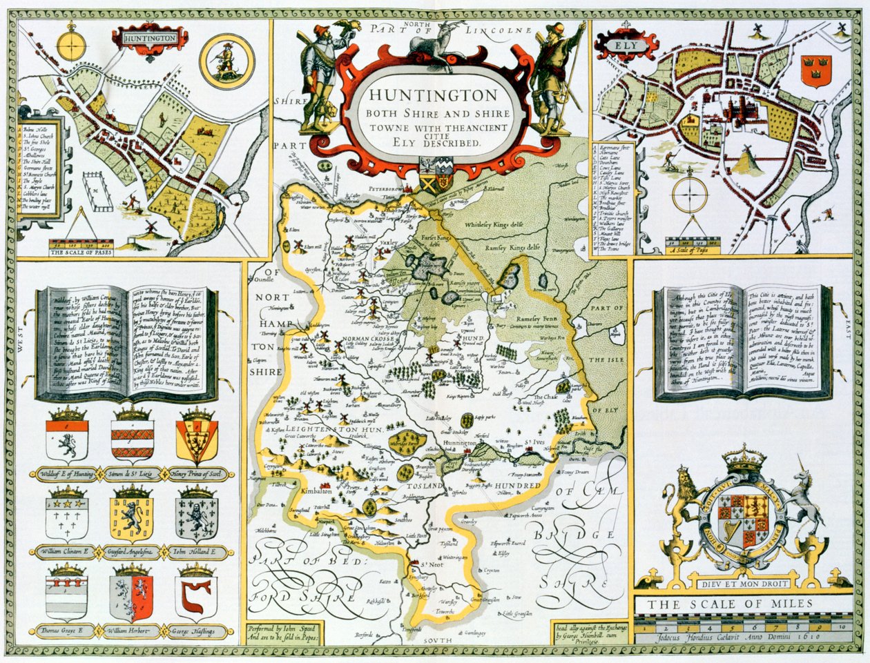 ジョンスピードの「英国帝国劇場」のパブからジョドカスホンディウス（1563-1612）によって刻まれたハンティントン。ジョン・サドベリーとジョージ・ハンブル、1611-12（手彩色の銅版画） 作： ジョン・スピード