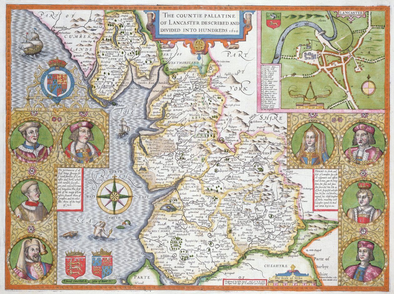 ジョンスピードの「イギリス帝国劇場」、初版、パブから1610年にランカシャー。 1611-12（ハンドカラーの銅版画） 作： ジョン・スピード