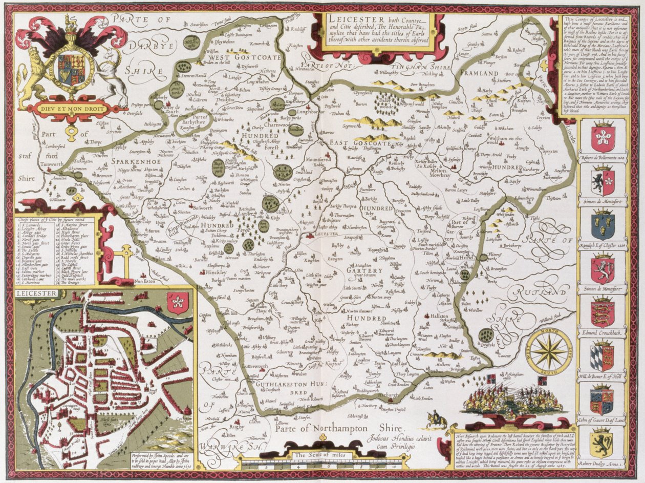 ジョンスピードの「英国帝国劇場」のパブからジョドカスホンディウス（1563-1612）によって刻まれたレスター。ジョン・サドベリーとジョージ・ハンブル、1611-12（手彩色の銅版画） 作： ジョン・スピード