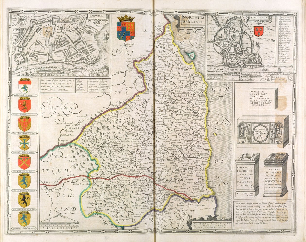 ノーサンバーランドの地図、「イギリスの帝国劇場」、1611〜12年 作： ジョン・スピード